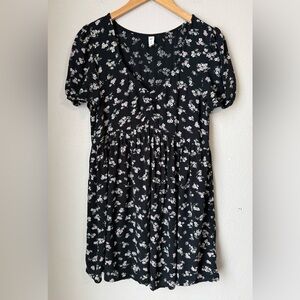 BP Black Floral Print Puff Sleeve Mini Dress Womens Size Small V-Neck